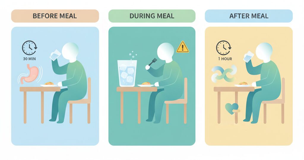 オススメ食前30分、食後1時間経ってから、注意するのは食事中や食事直後
